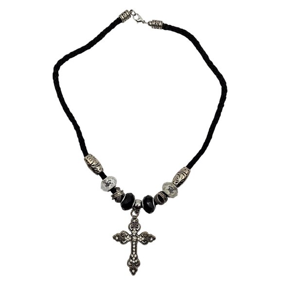 Silver Tone Necklace Corded Cross Beaded Dark Whimsigoth Religious Faith Jewelry - Picture 1 of 6
